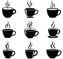 Set of nine icons depicting steaming coffee cups in simple black and white silhouette styles vector