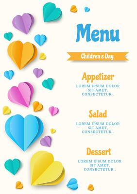 Children's Day Menu Template with Colorful 3D Paper Cut Hearts. Poster or Card For Kids, Birthday, Invitation, Menu, Sale. Modern Trendy Children Background for Holiday, School. Bright Kids.