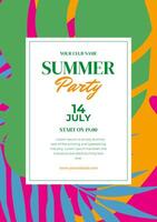 Summer Party Bright card with Abstract Tropical Leaves and Cute Typography. Creative Concept of Summer Festival Template Background. Modern Art Minimalist style Design Banner for Celebration. vector