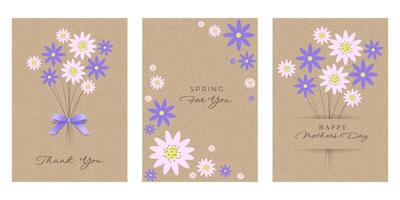 Doodle Set with Cute Flowers and 3D Bow on Kraft Paper. Spring or Summer Banner with Bouquet on Cardboard Background. Brown Kraft Sheet Texture. Template with Floral on Vintage Parchment Background. vector