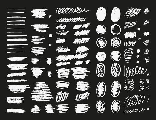 Set Charcoal Brush Strokes on Black Background. Wavy Lines Shapes. Kids Hand Drawn Abstract Shapes Lines Drawn with Pencil Black charcoal. Circles, Scribbles Strokes and Grunge Texture for Draw