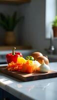 A cutting board with vegetables and garlic on it photo
