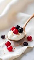 Yogurt with berries and berries on a spoon photo