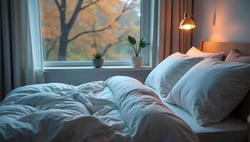 A bed with white sheets and pillows is next to a window photo