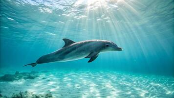 Dolphin swimming in the ocean with sunlight shining through the water photo