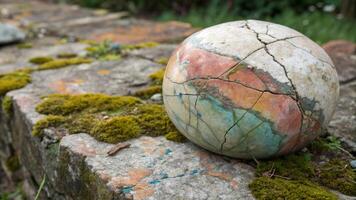 A stone ball with a crack in it sitting on a stone wall photo