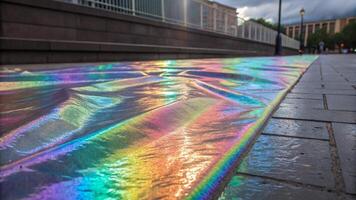A rainbow colored tarp is on the ground photo