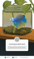 A fish in a glass aquarium with a plant and a text box vector