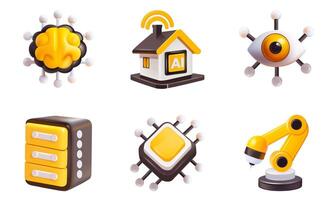 Icons on white for artificial intelligence concept robotic arm, smart home , chip, database, brain, eye search. vector