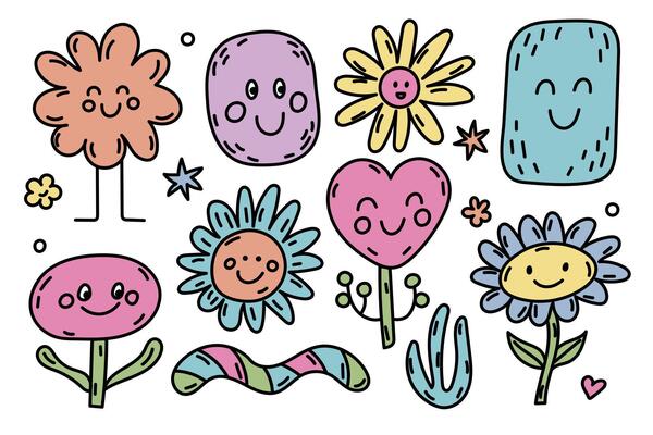 Cheerful and Playful Doodles of Colorful Flowers and Smiley Faces in a Happy Design