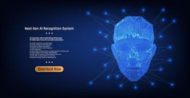 Next generation AI recognition system showcasing a 3D digital facial model on a deep blue background. vector
