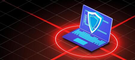 Digital security concept showcases a laptop with a shield on a red target background, highlighting the importance of cyber protection and privacy. vector