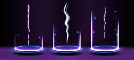 Vibrant abstract light trails depicting energy movement in three glass cylinders set against a dark background. vector