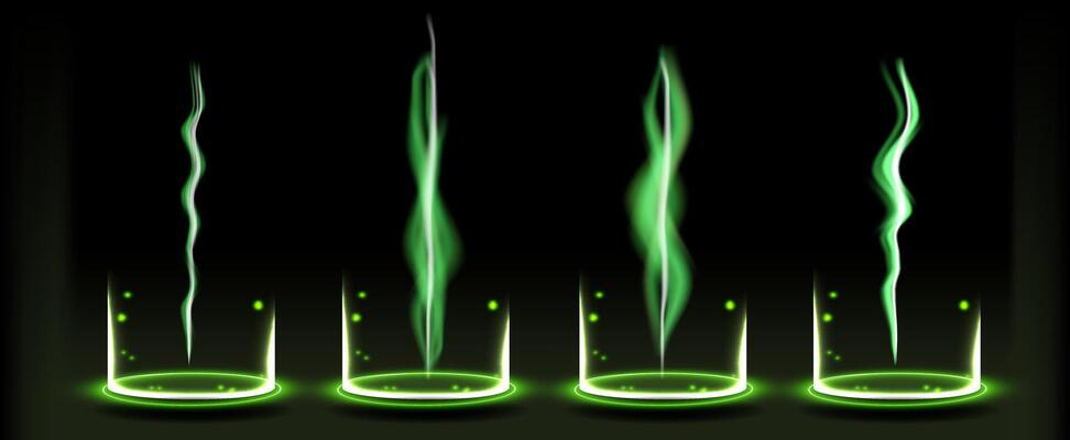 Colorful green smoke rises from glass containers in an artistic display of science and creativity at night.