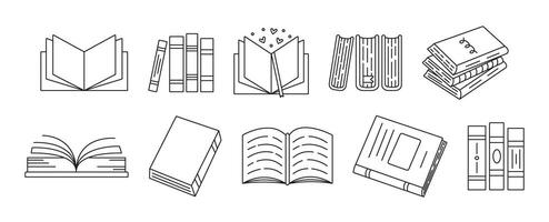 Black line book icon set isolated on transparent background, printed products monochrome signs in different variations, back to school simple doodle collection with editable strokes vector