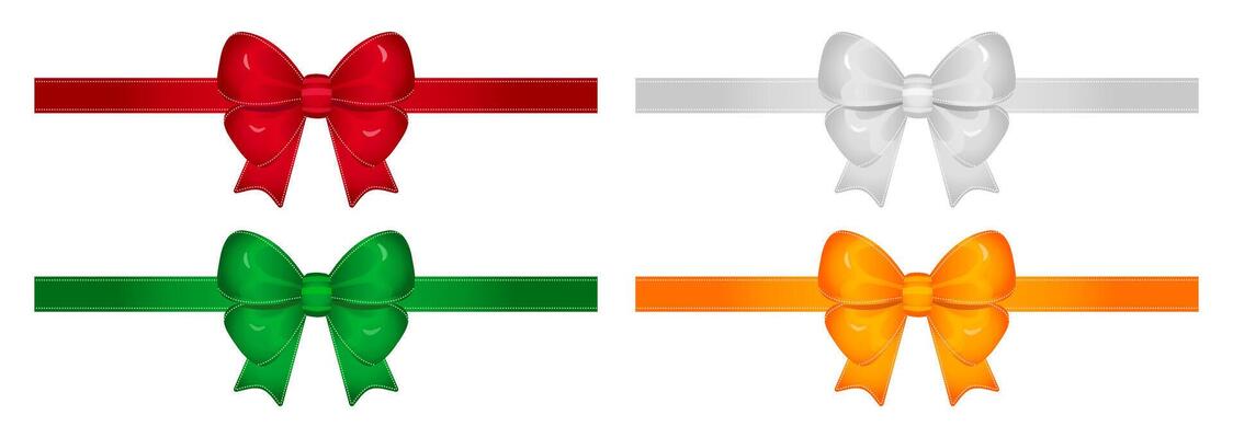 Festive silk bows with ribbons in red, white, green and orange colors. Set for Christmas, New Year and other holidays, realistic shiny glossy illustrations