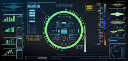 Visual representation of a futuristic digital interface featuring data metrics and interactive elements in cyberspace. vector