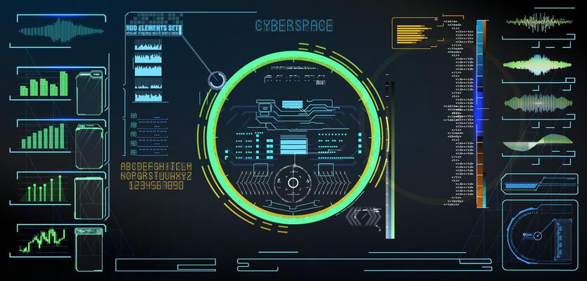 Visual representation of a futuristic digital interface featuring data metrics and interactive elements in cyberspace.