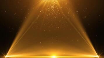 Spotlight illuminates the stage background. Animation of shiny gold dust particles and light rain particles. Yellow rays. Abstract luxury background for awards and celebrations. loop video