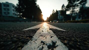 Low Angle of White Arrow on Asphalt Road Pointing Toward Goal photo
