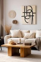 A living room with a white couch, coffee table and a rug photo