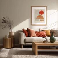 A living room with a couch, coffee table and art photo