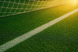 soccer field angled view with green pitch and sunlight background photo