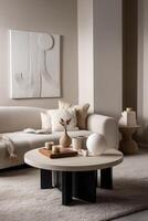 A white living room with a white couch and a white coffee table photo