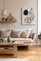 A living room with a couch, coffee table and a painting photo
