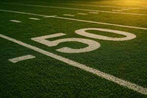 background image of american football field with green grass and white markings photo