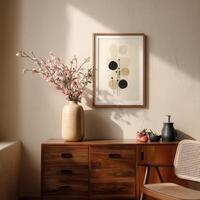 A wooden dresser with a vase of flowers on it photo