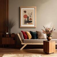 A living room with a couch, a coffee table and a painting photo