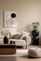 A modern living room with a white couch and a black coffee table photo