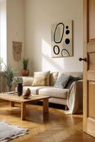 A living room with a couch, coffee table and a rug photo