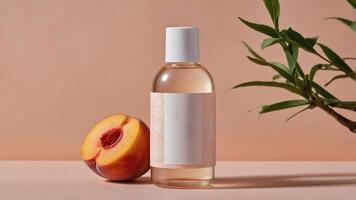 Aromatic Essence. A clear bottle with peach fragrance, next to a peach slice, hints at natural summer scents. Elegant simplicity. photo