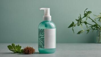 Tranquil scene. Aqua lotion bottle on counter, adorned with plant sprigs and a matching pale green backdrop, a fresh, botanical essence. photo