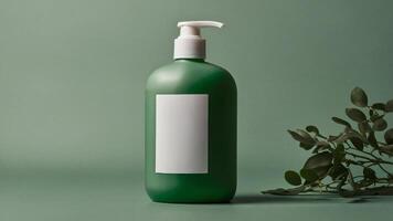 Green Dispenser Bottle. Minimalist design with blank label and botanical accent. Ideal for lotion, soap, or personal care products. photo
