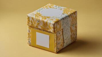 A cube-shaped box is beautifully wrapped in floral-patterned paper, with a circular cutout on top and a yellow label on the side. photo