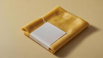 Wrapped Item. Neatly folded package bound with string and adorned with a neutral label, presented on a soft background. photo