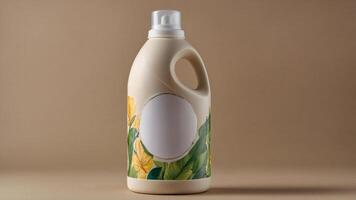 Beige bottle with floral pattern. Eco-friendly laundry detergent alternative packaging. Refillable container with a handle and blank label. photo