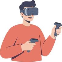 Man experiencing virtual reality with VR headset and controllers vector