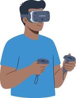 Man immersed in a virtual reality gaming experience with VR headset and controllers vector