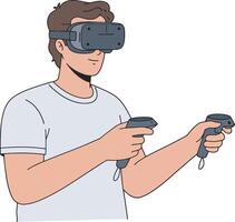 Man immersed in a virtual reality gaming experience with VR headset vector