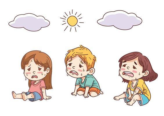 Cute boy and girl sweating from heat during hot summer weather with heat wave illustrations in various poses
