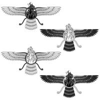 This image portrays the revered Zoroastrian winged solar disk, a visual representation of Ahura Mazda's glory, accompanied by the radiant presence of fire vector