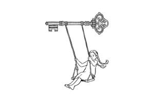drawing illustration of a child playing on a swing with a key object vector