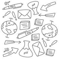 Doodle icons of mail globe documents and communications tools vector