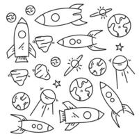 Doodle Style Space Exploration and Rocket Icons on White Background vector