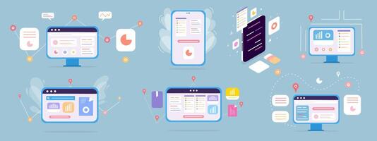 Modern Business and Technology Icons Set with Computer and Information vector