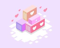 Isometric Design of Love Boxes with Floating Heart Symbols vector